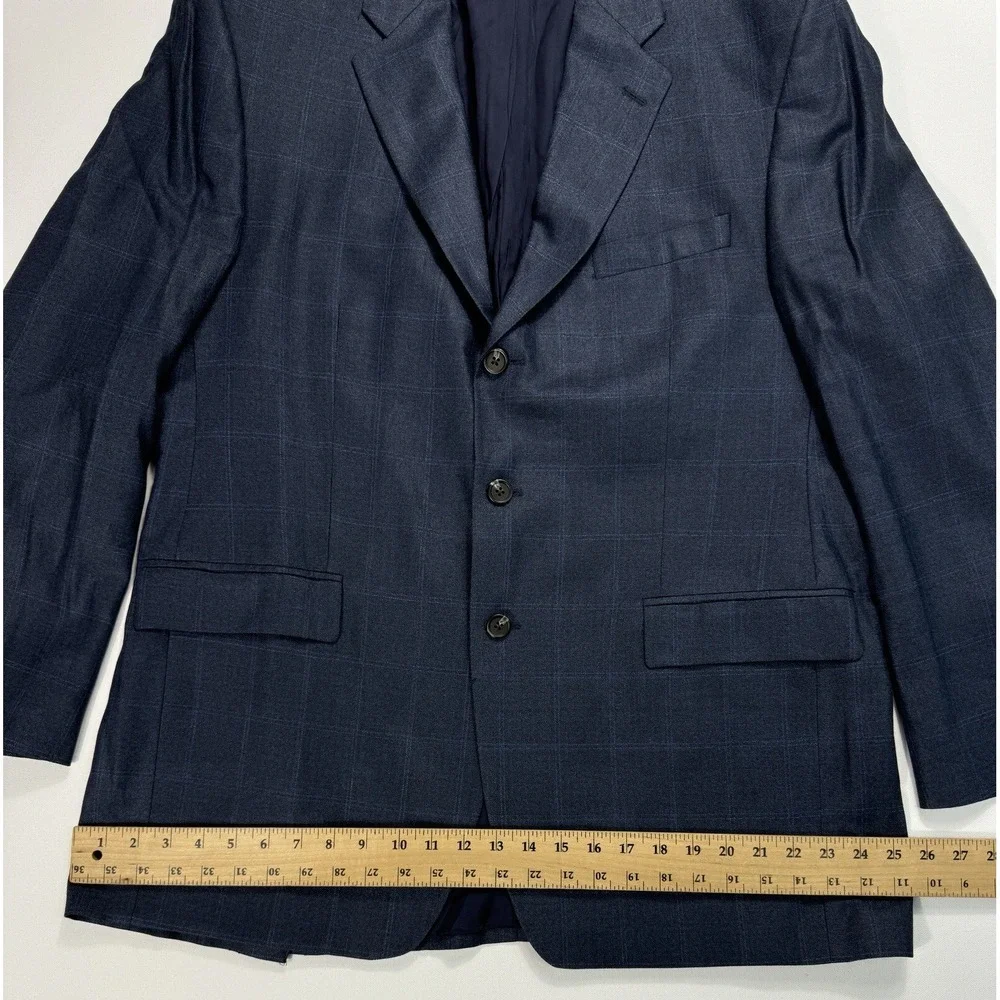 Lauren Ralph Lauren Men 44L Silk Wool Blazer Navy Windowpane Plaid Suit Jacket